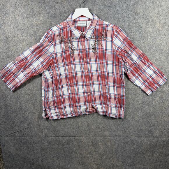 Alfred Dunner Tops - Alfred Dunner Women's Red Plaid 3/4 Sleeve Button Front Top Floral Beading 18P